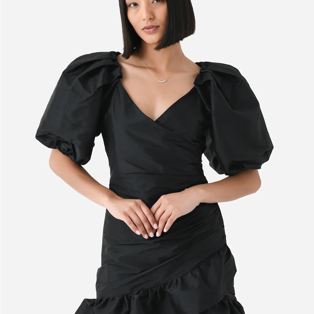 Misa Los Angeles Black Ruched Puff Sleeve Cocktail Dress